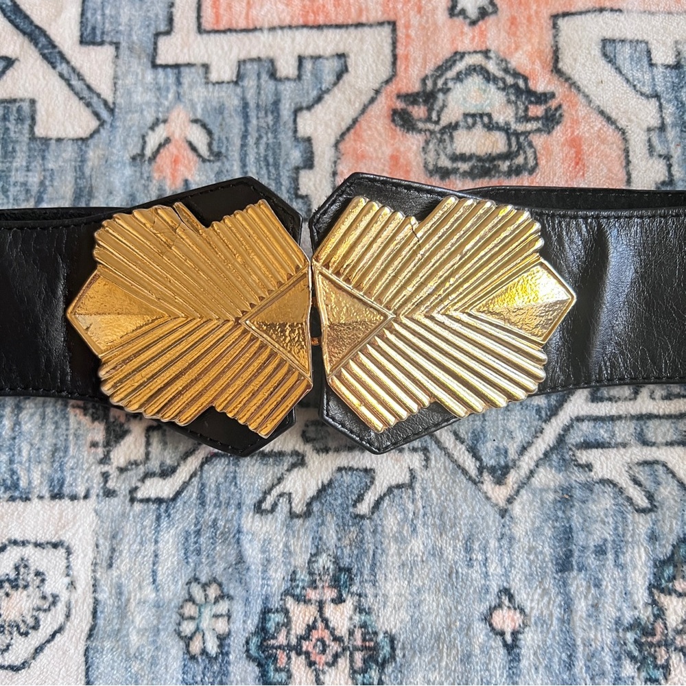 RAINA geometric chunky Belt - Gold Buckle Black Leather Belt ~40” plus size